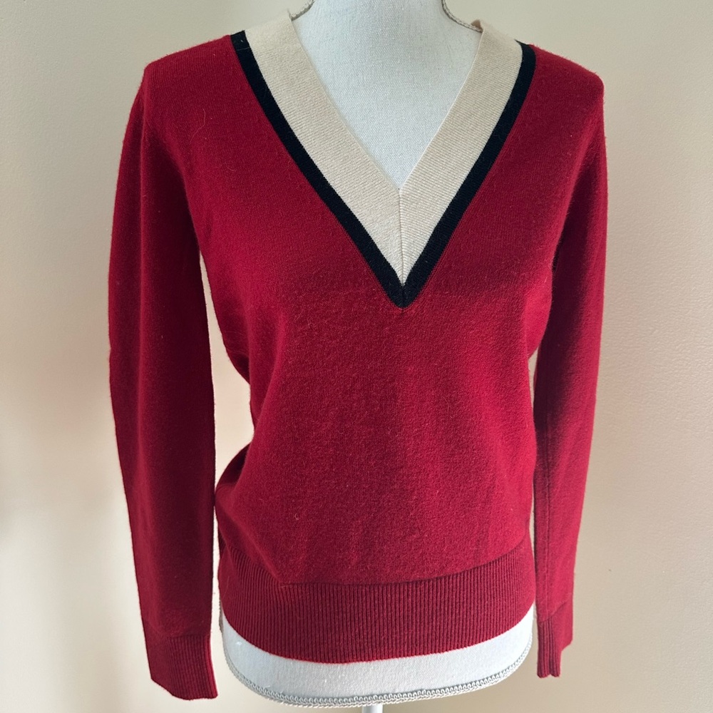 Veronica Beard Red V-Neck Sweater with Cream & Black Trim
